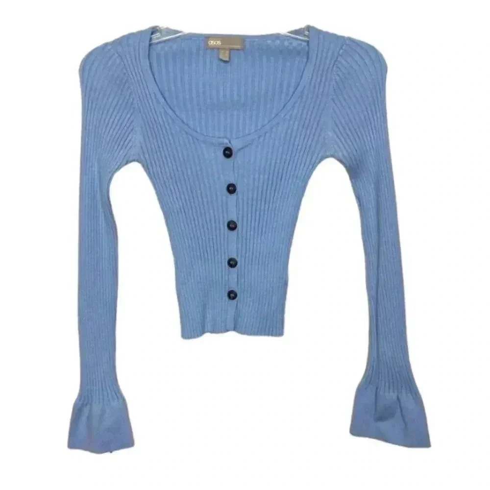 ASOS Blue Cropped Bell-sleeve Cardigan Sweater